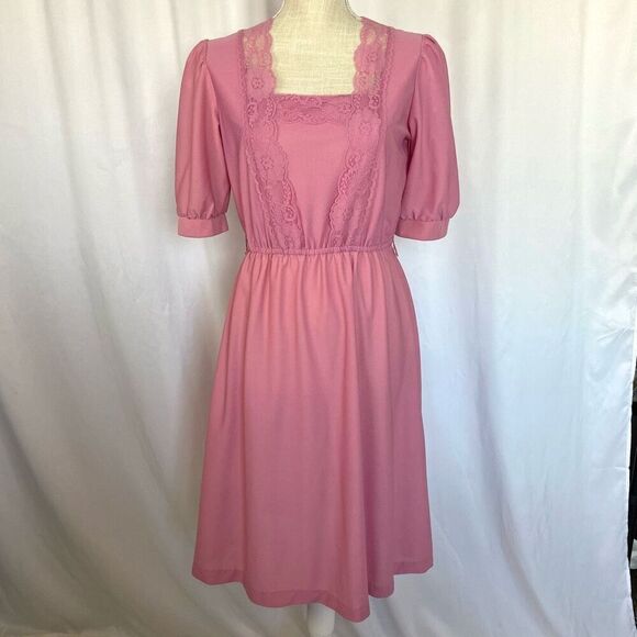 Vintage 70s 80s Pink Mauve Midi Dress Lace Women’s 8 or Small-Medium Stretchy Po - Picture 1 of 14